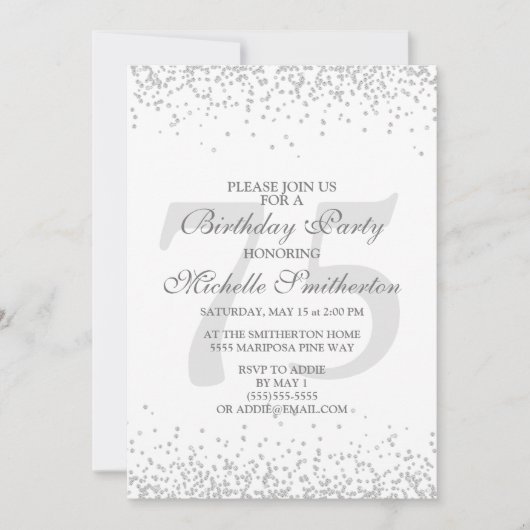 エレガントなホワイト シルバー グレー グリッター 75歳の誕生日 招待状 (正面)