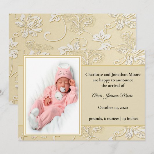 エレガントなホワイト ダイカット フローラル 誕生発表 招待状 (正面/裏面)