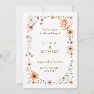 エレガントなホワイト＆ピーチの花のウェディング招待状 招待状