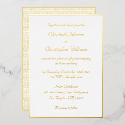 エレガントなホワイト フェイクゴールド モダン オーダーメイド ウェディング 箔招待状 (正面/裏面)