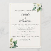 エレガントなホワイト フラワーとグリーン フェイク ゴールド 招待状 (正面)