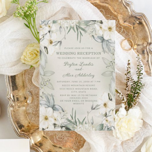 エレガントなホワイト フラワー グリーン ウェディング レセプション 招待状