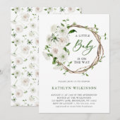 エレガントなホワイト フラワー グリーン シンプル ベビー シャワー 招待状 (正面/裏面)