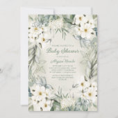 エレガントなホワイト フラワー セージ グリーン リーフ ベビー シャワー 招待状 (正面)