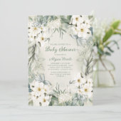 エレガントなホワイト フラワー セージ グリーン リーフ ベビー シャワー 招待状 (スタンド正面)