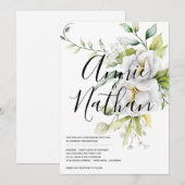 エレガントなホワイト フローラル グリーンリーフ スクリプト ウェディング 招待状 (正面/裏面)