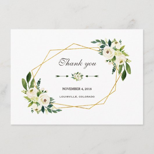 エレガントなホワイト フローラル ゴールド フレーム ウェディング サンクス サンキューカード (正面)