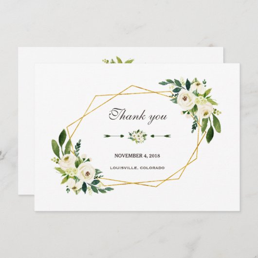 エレガントなホワイト フローラル ゴールド フレーム ウェディング サンクス サンキューカード (正面/裏面)