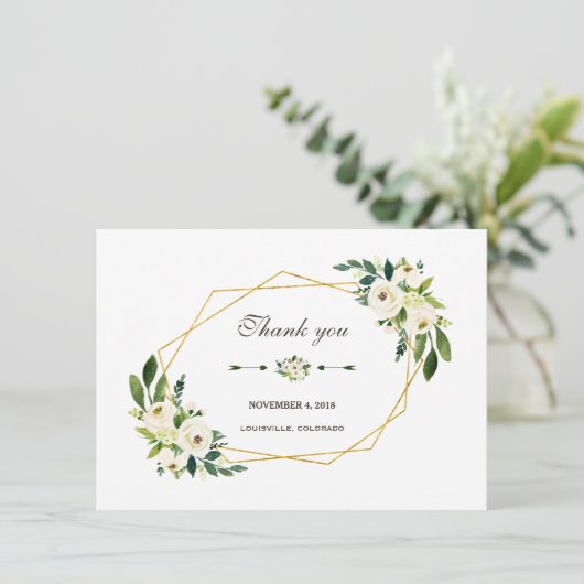 エレガントなホワイト フローラル ゴールド フレーム ウェディング サンクス サンキューカード (スタンド正面)