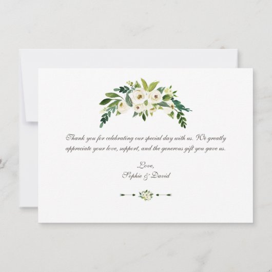 エレガントなホワイト フローラル ゴールド フレーム ウェディング サンクス サンキューカード (裏面)