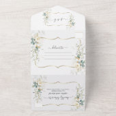 エレガントなホワイト フローラル ユーカリ ゴールド ウェディング オールインワン招待状 (外側)