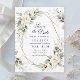 エレガントなホワイト ブラッシュ グリーンの結婚式 Save the Date ポストカード