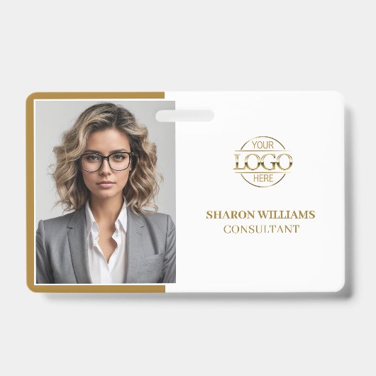 エレガントなホワイト ミニマルな会社員写真付きIDカード バッジ (正面)