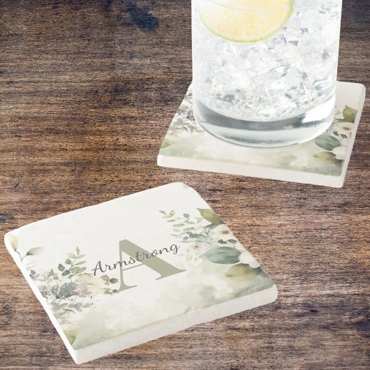 エレガントなホワイト ワイルドフラワー & グリーン モノグラム ストーンコースター