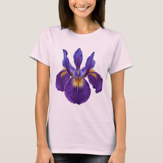 エレガントなボタニカルアート 紫色のアイリス 水彩花柄 Tシャツ (正面)