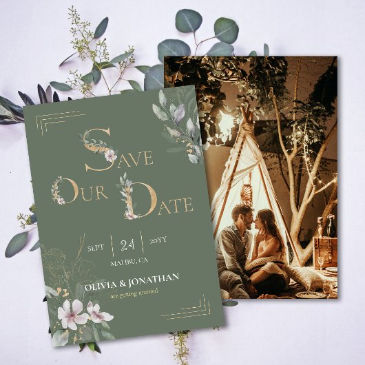 エレガントなボタニカルウォーターカラーの花のSave the Date 招待状