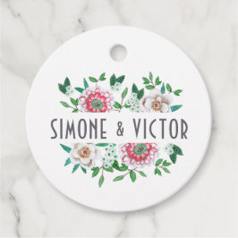 エレガントなボタニカルグリーンとピンクの花 フェイバータグ