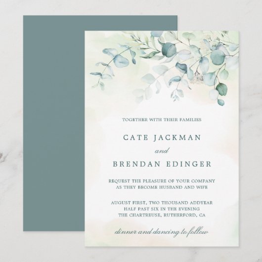 エレガントなボタニカルグリーンのユーカリの結婚式 招待状 (正面/裏面)