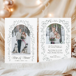 エレガントなボタニカルデザインの新婚2枚の写真入りクリスマスカード シーズンカード