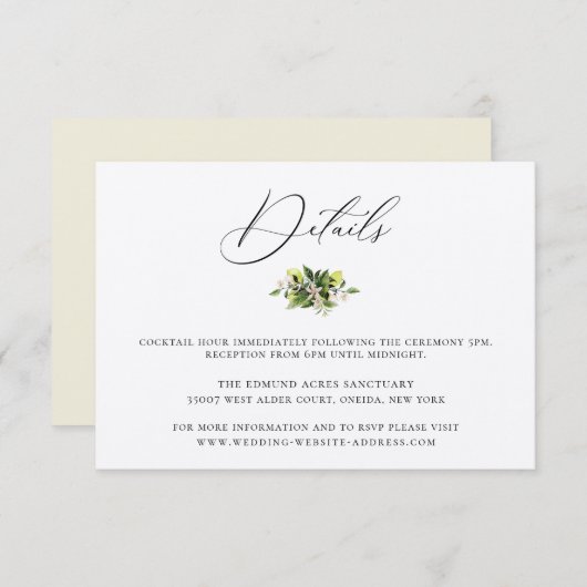エレガントなボタニカルレモンのウェディング詳細カード 招待状 (正面/裏面)