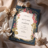 エレガントなボタニカル ネイビーとブッシュのウェディング 招待状