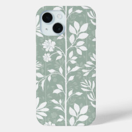 エレガントなボタニカル フラワーアート ソフトセージグリーン 詩的な花柄デザイン iPhone 15ケース