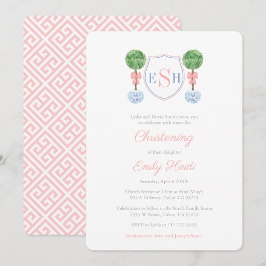 エレガントなボックスウッドのモノグラムの女の子の洗礼パーティー 招待状 (正面/裏面)