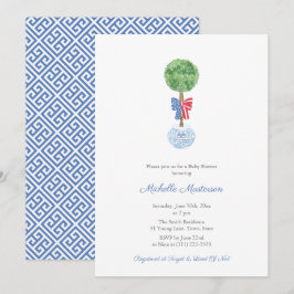 エレガントなボックスウッド 赤 青 リボン 男の子 ベビーシャワー パーティー 招待状