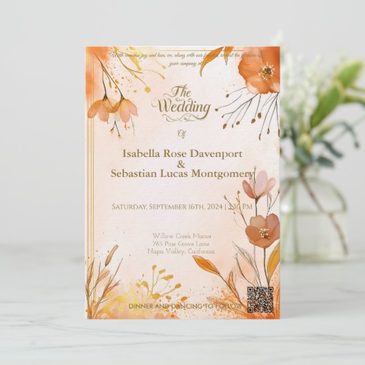 エレガントなボヘミアンスタイルのウェディング招待状 水彩フラワーデザインとゴールドアクセント付き 招待状 (スタンド正面)