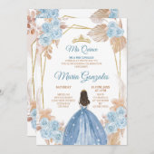 エレガントなボヘミアンスタイルのダスティーブルーの花のプリンセス スイート15 招待状 (正面/裏面)