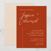 エレガントなボヘミアンスタイルのテラコッタカラーのミニマルウェディングデザイン 招待状 (正面/裏面)