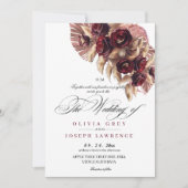 エレガントなボヘミアンスタイルのバーガンディゴールドローズフラワーウェディング 招待状 (正面)