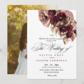 エレガントなボヘミアンスタイルのバーガンディゴールドローズフラワーウェディング 招待状 (正面/裏面)