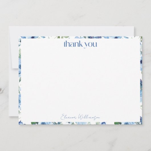 エレガントなボヘミアンスタイルのライトブルーの水彩カスタムウェディング サンキューカード (正面)