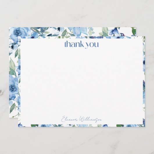 エレガントなボヘミアンスタイルのライトブルーの水彩カスタムウェディング サンキューカード (正面/裏面)