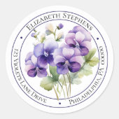 エレガントなボヘミアンスタイルの紫色のスミレの花の宛名ラベル ラウンドシール (正面)