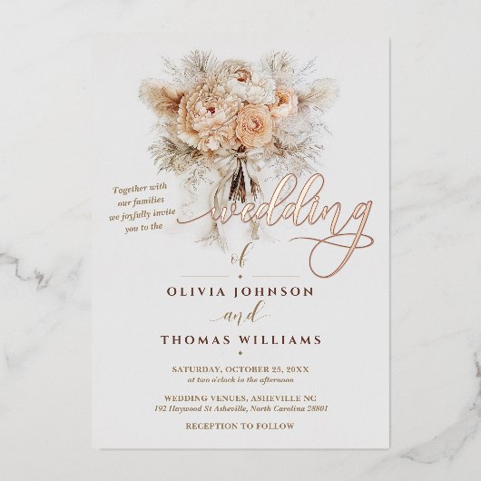 エレガントなボヘミアンスタイルの花モチーフの結婚式の招待状 箔招待状 (正面)