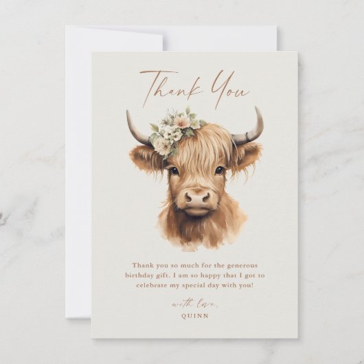 エレガントなボヘミアンハイランドカウの子供の誕生日 サンキューカード (正面)