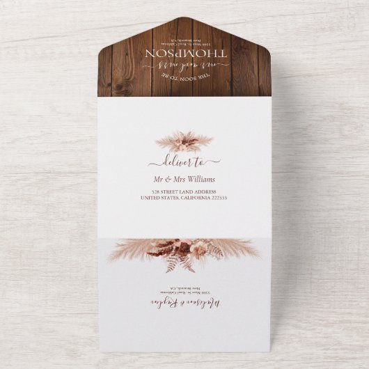 エレガントなボヘミアンパンパスグラスとラスティックウッドの結婚式 オールインワン招待状 (外側)