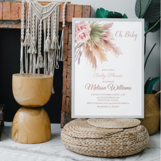 エレガントなボヘミアンパンパスグラス ダスティピンク ベビーシャワー 招待状