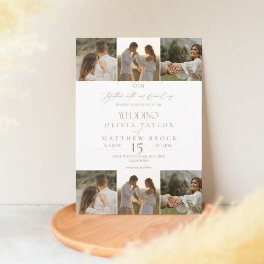 エレガントなボヘミアンビジュー ベージュ & ホワイト フォトウェディング 招待状