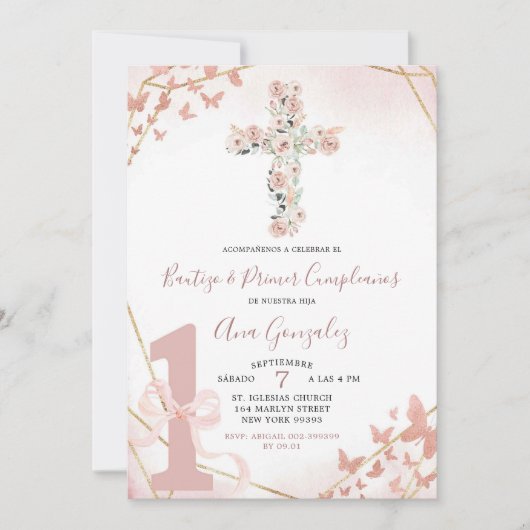 エレガントなボヘミアンピンクの洗礼と初めての誕生日 招待状 (正面)