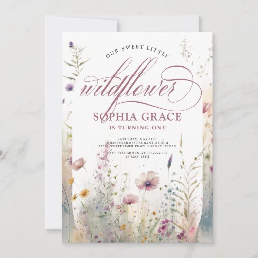 エレガントなボヘミアンフォトワイルドフラワー1歳誕生日 招待状 (正面)