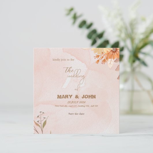 エレガントなボヘミアンフラワーチックな結婚式の招待状 セーブザデート (スタンド正面)