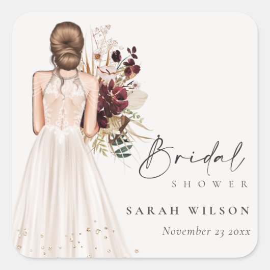 エレガントなボヘミアンホワイトウェディングドレス ブライダルシャワー スクエアシール (正面)