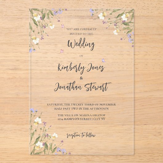 エレガントなボヘミアンワイルドフラワーのウェディング アクリル招待状 (正面)