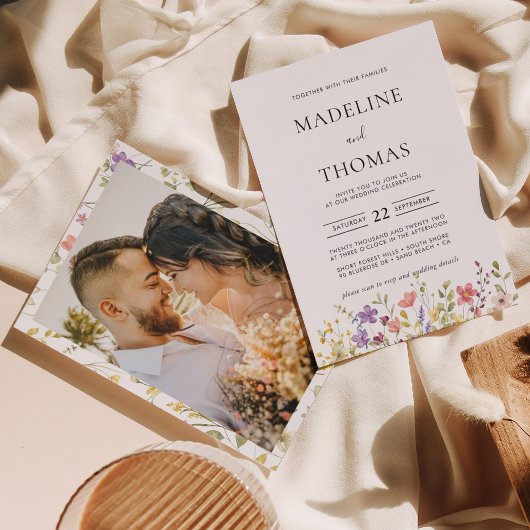 エレガントなボヘミアンワイルドフラワーフォトウェディング 招待状