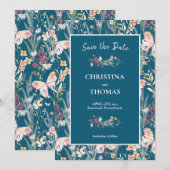 エレガントなボヘミアンワイルドフラワー ブルー セーブ・ザ・デート 招待状 (正面/裏面)