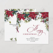 エレガントなポインセチアとワイルドミストルテーのクリスマスグリーティング シーズンカード (正面/裏面)
