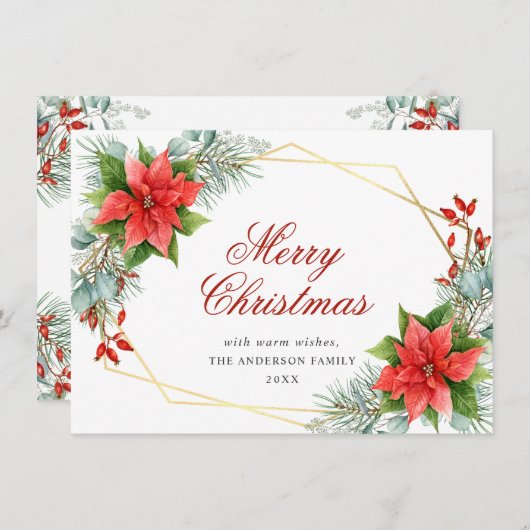 エレガントなポインセチアのクリスマスミスルトゥーの挨拶 シーズンカード (正面/裏面)